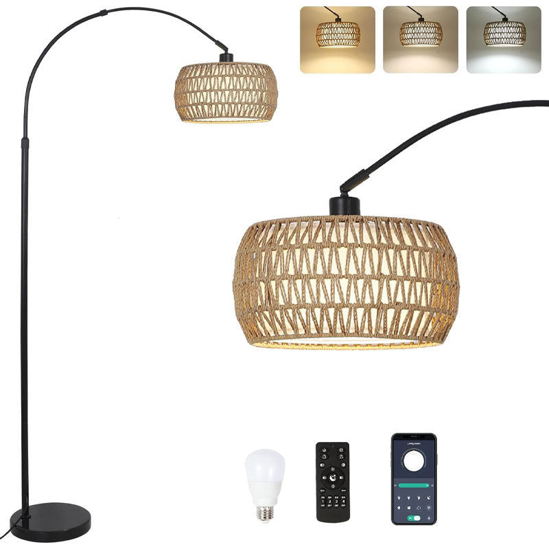 Traditional Rustic Rattan Floor Lamp - 1-Light Iron Cylinder for Living Room