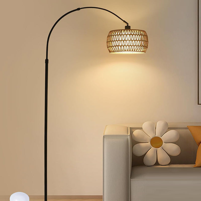 Traditional Rustic Rattan Floor Lamp - 1-Light Iron Cylinder for Living Room