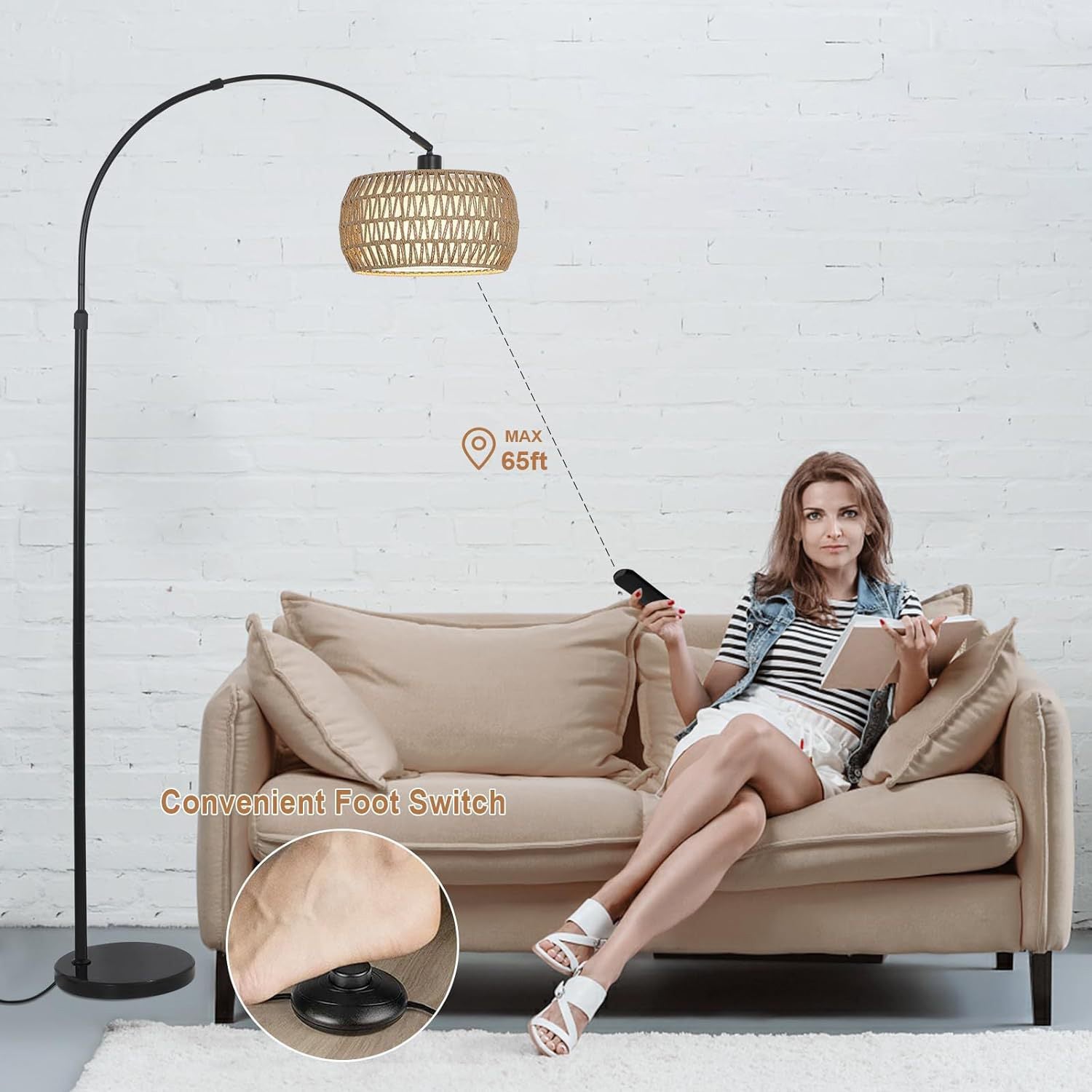 Traditional Rustic Rattan Floor Lamp - 1-Light Iron Cylinder for Living Room