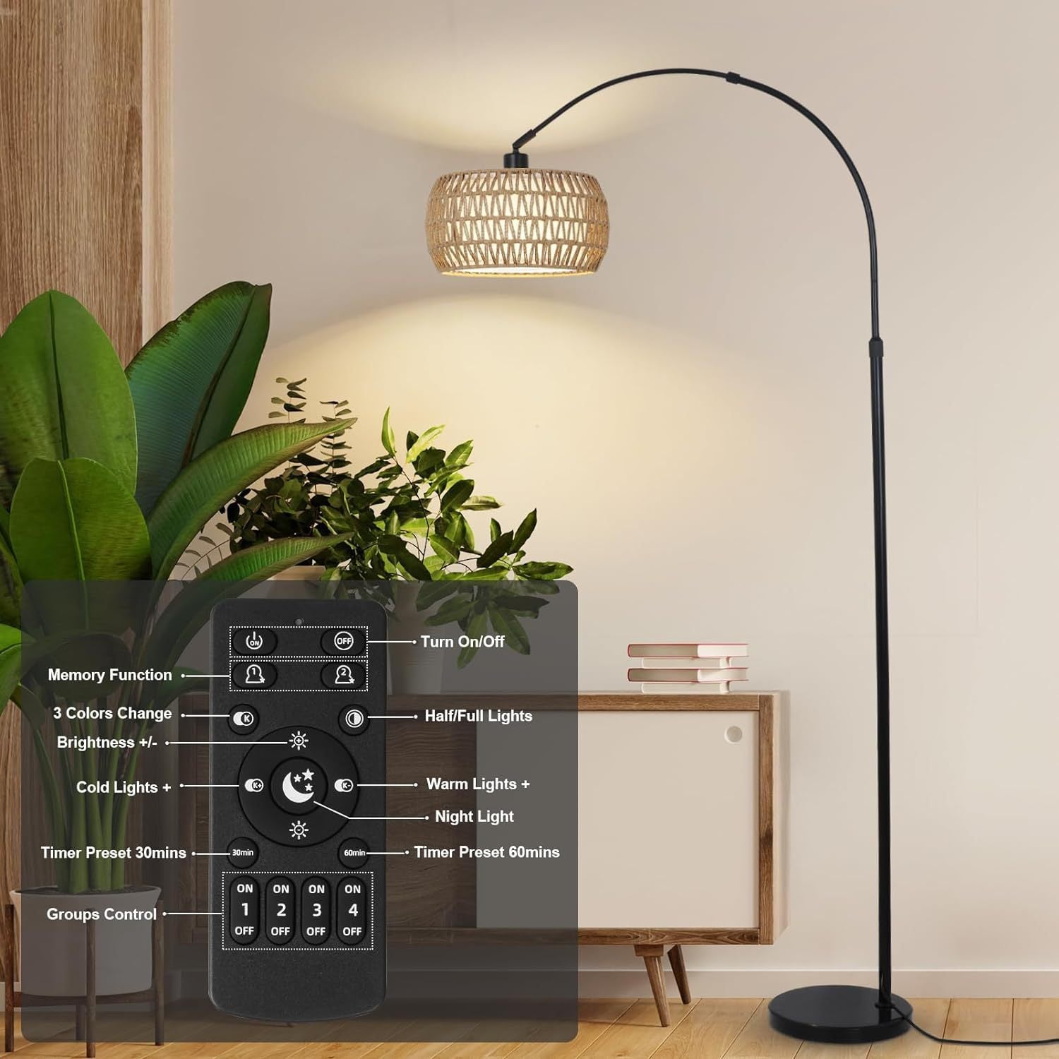 Traditional Rustic Rattan Floor Lamp - 1-Light Iron Cylinder for Living Room