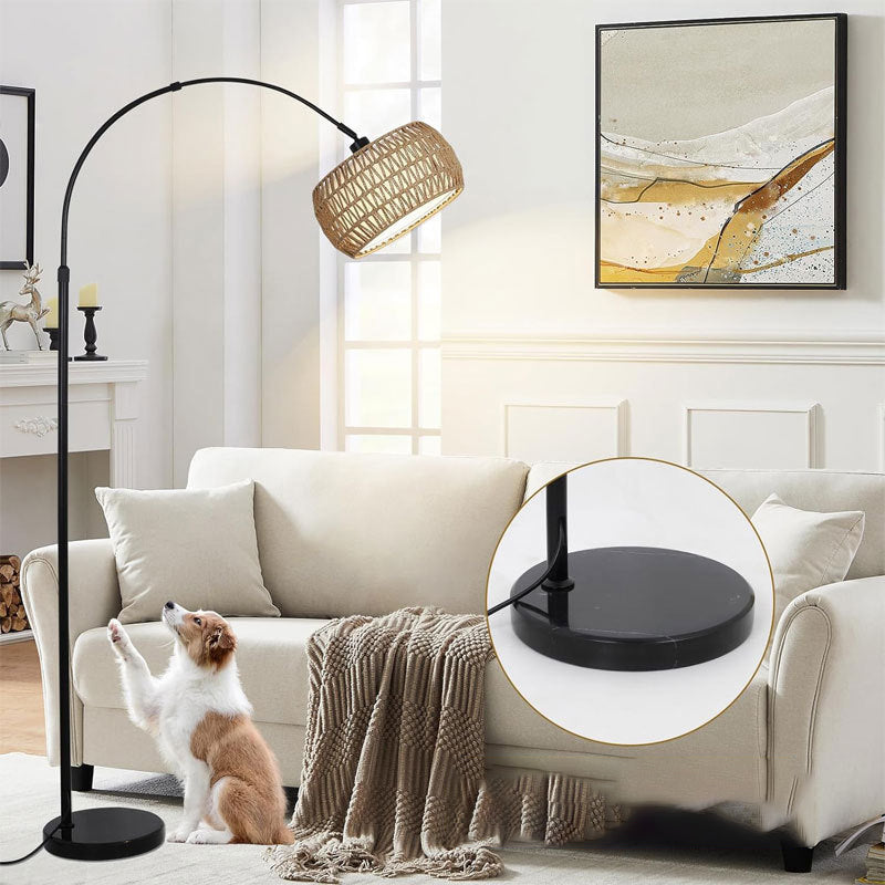 Traditional Rustic Rattan Floor Lamp - 1-Light Iron Cylinder for Living Room
