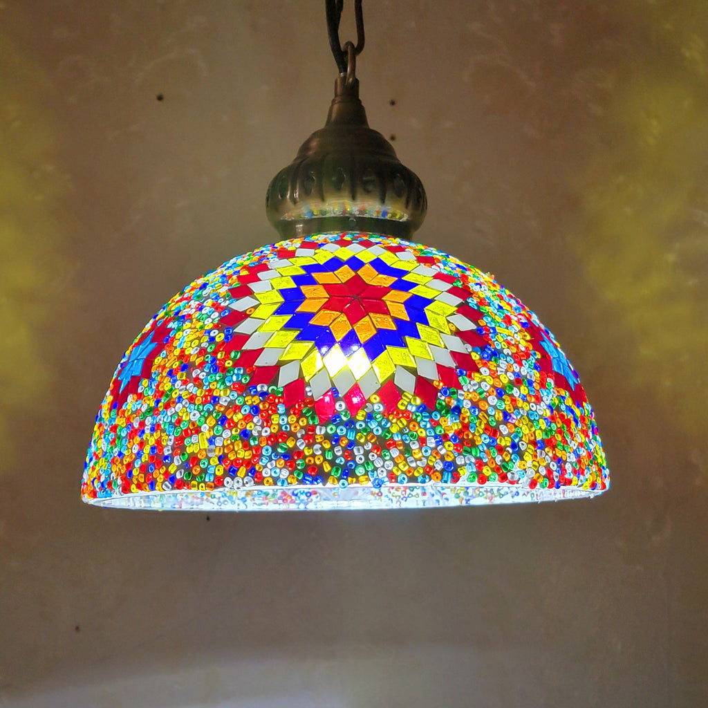 Contemporary Boho Mosaic Bead Iron Dome Pendant Light for Dining Room