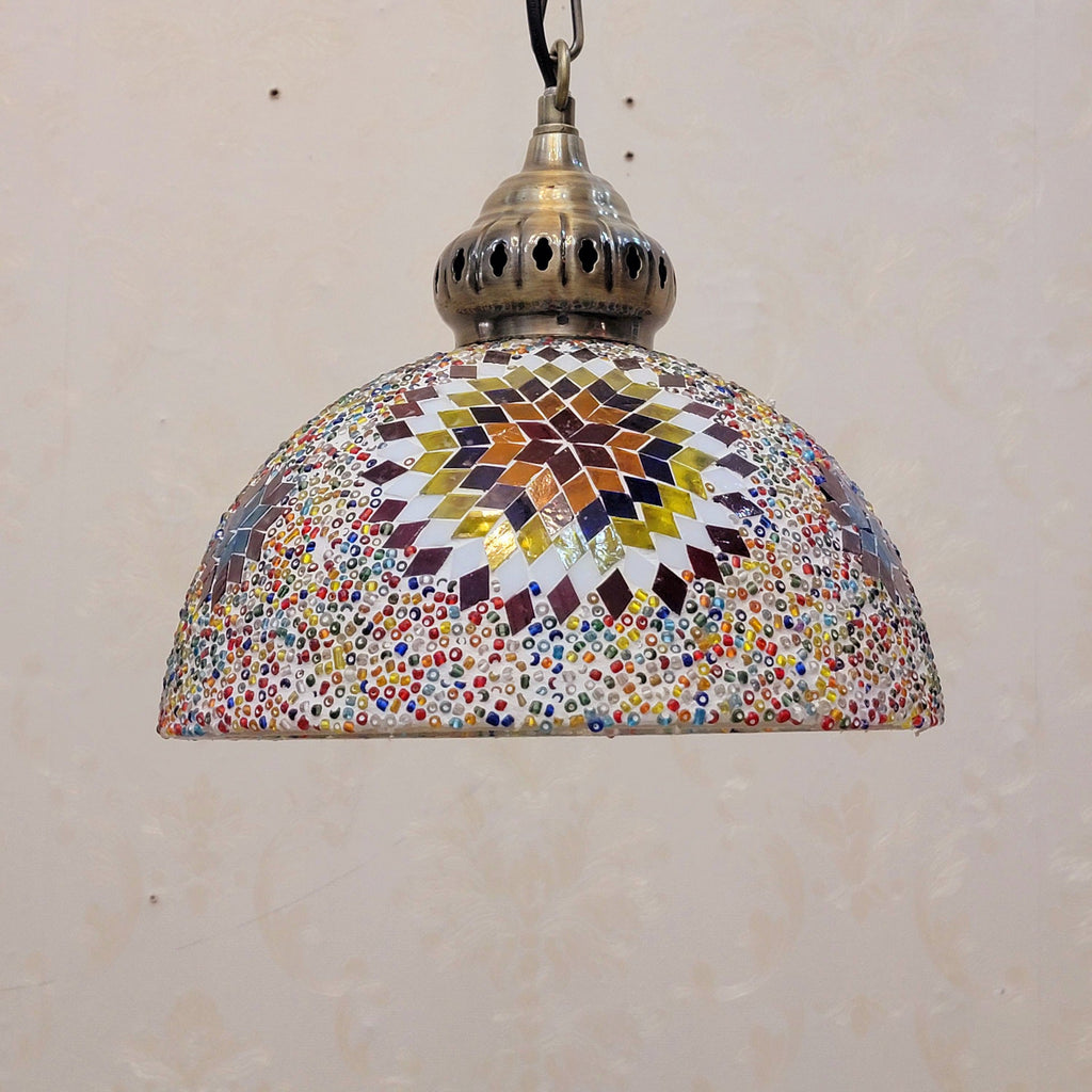 Contemporary Boho Mosaic Bead Iron Dome Pendant Light for Dining Room
