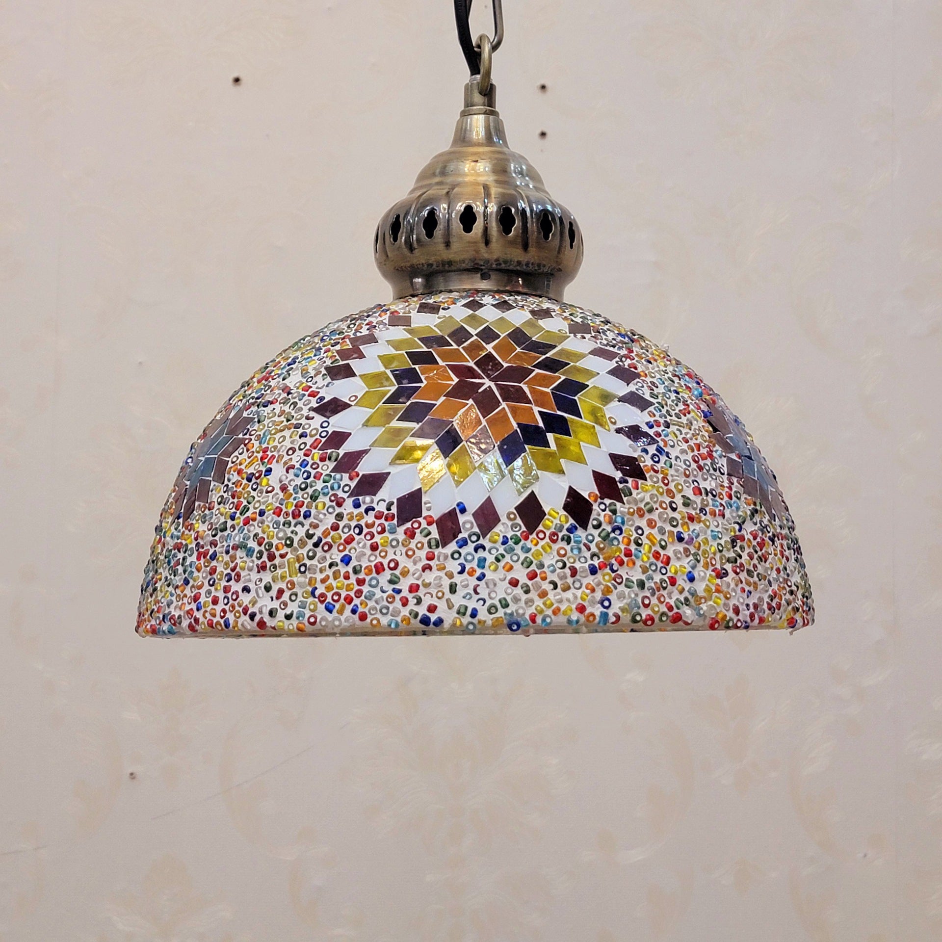 Contemporary Boho Mosaic Bead Iron Dome Pendant Light for Dining Room
