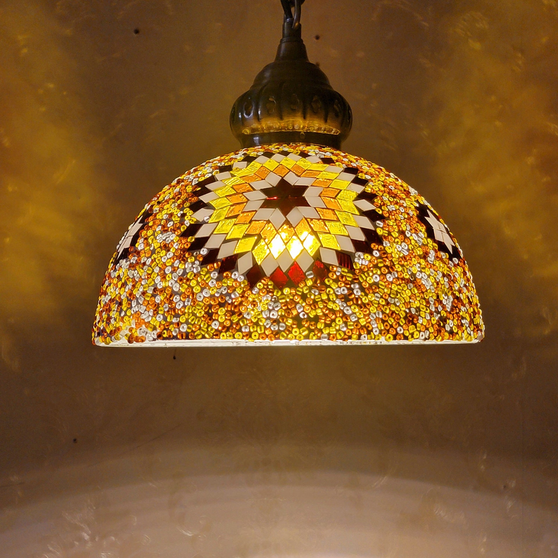 Contemporary Boho Mosaic Bead Iron Dome Pendant Light for Dining Room