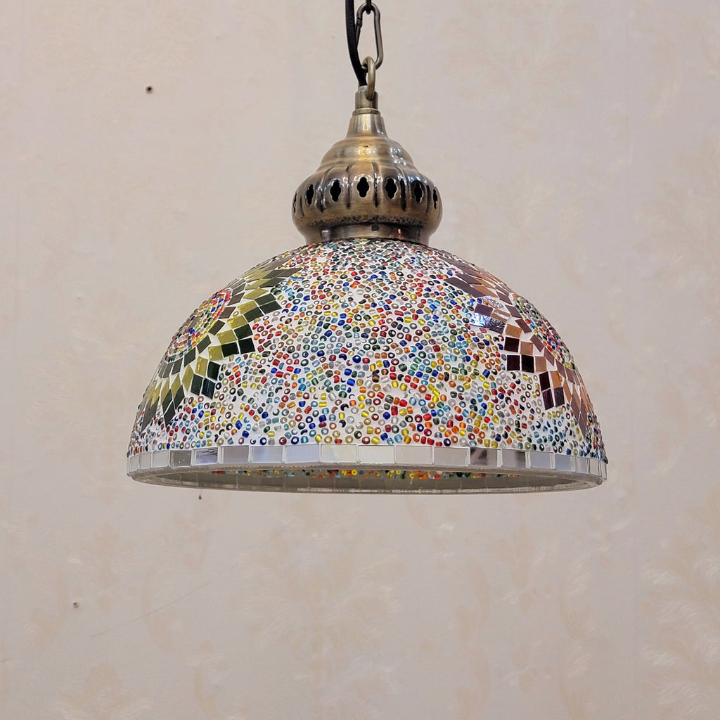 Contemporary Boho Mosaic Bead Iron Dome Pendant Light for Dining Room