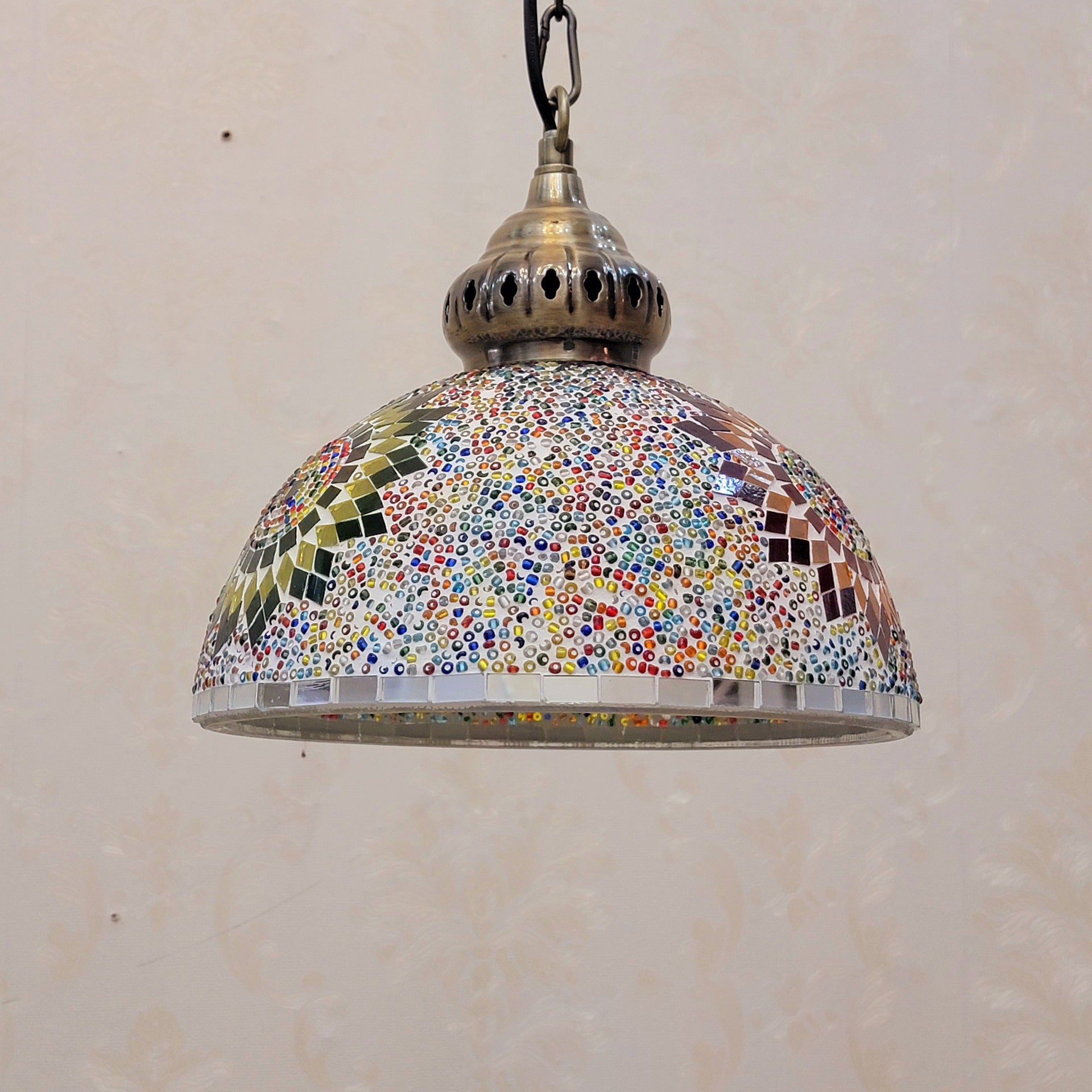 Contemporary Boho Mosaic Bead Iron Dome Pendant Light for Dining Room