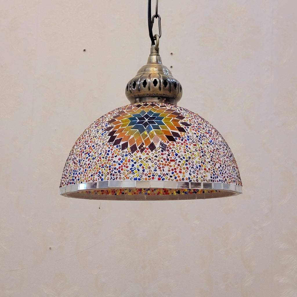 Contemporary Boho Mosaic Bead Iron Dome Pendant Light for Dining Room