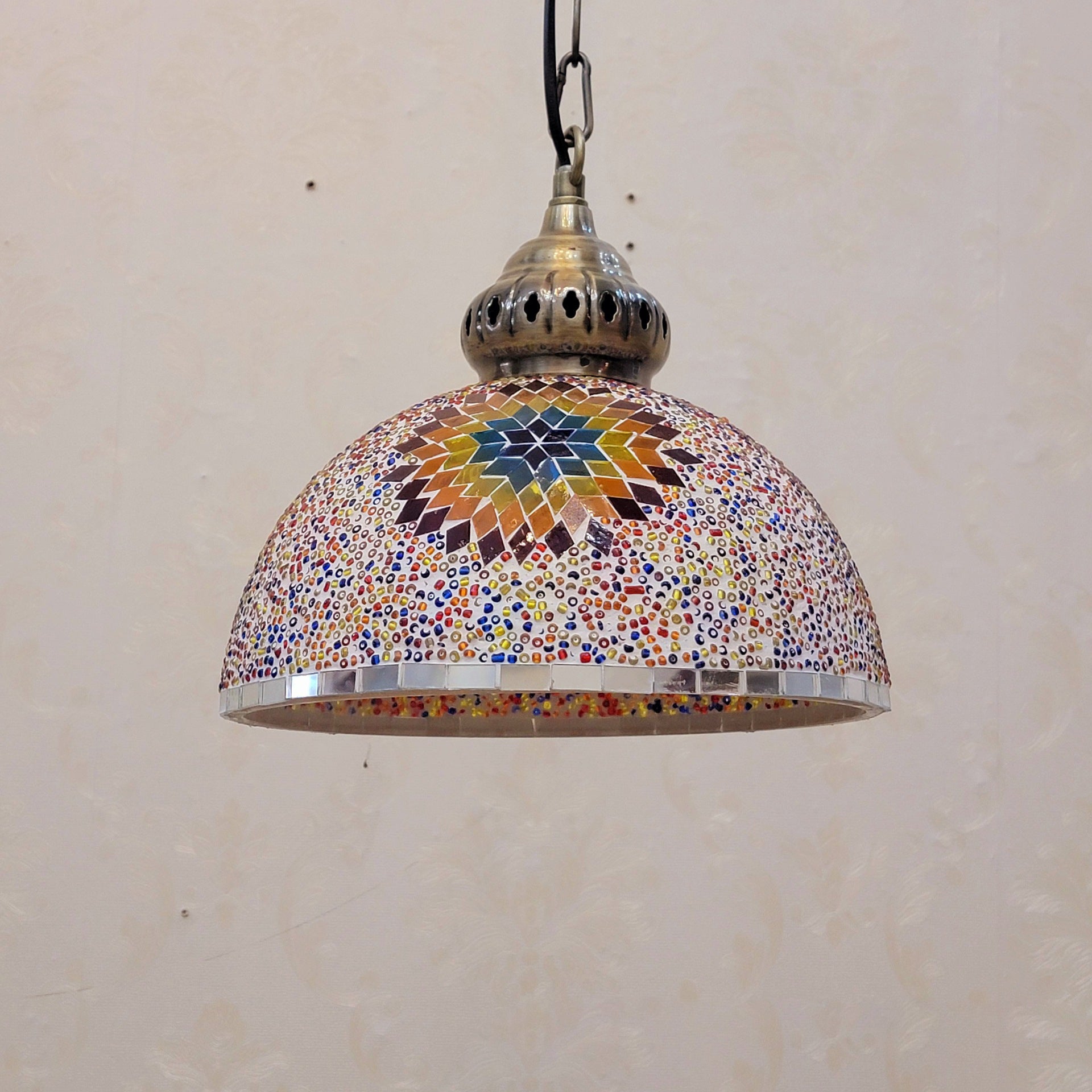Contemporary Boho Mosaic Bead Iron Dome Pendant Light for Dining Room