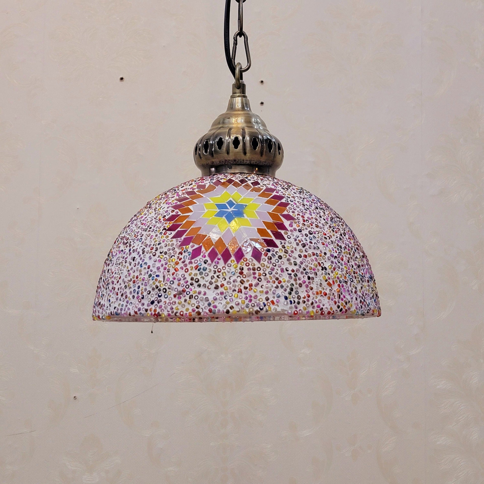 Contemporary Boho Mosaic Bead Iron Dome Pendant Light for Dining Room