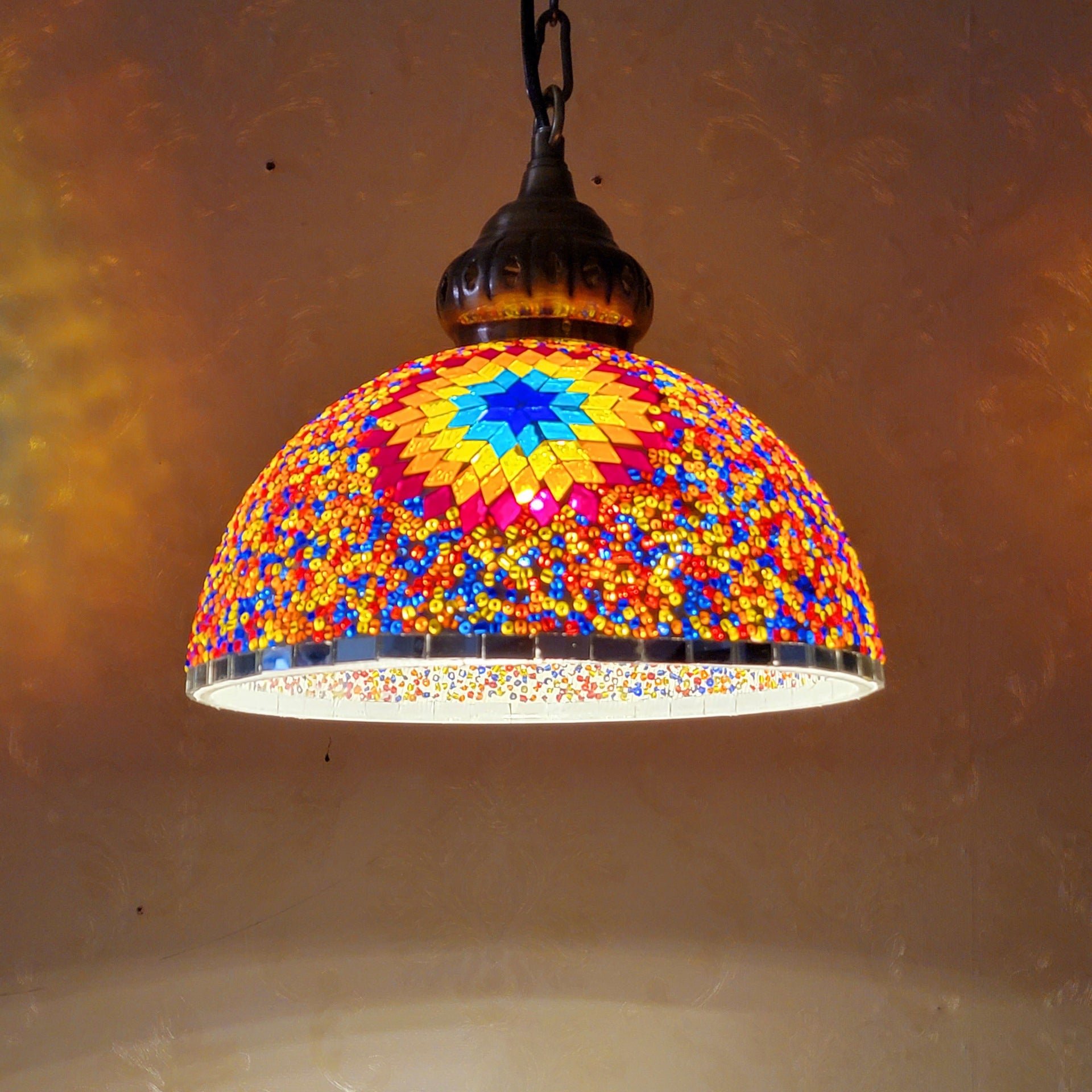 Contemporary Boho Mosaic Bead Iron Dome Pendant Light for Dining Room