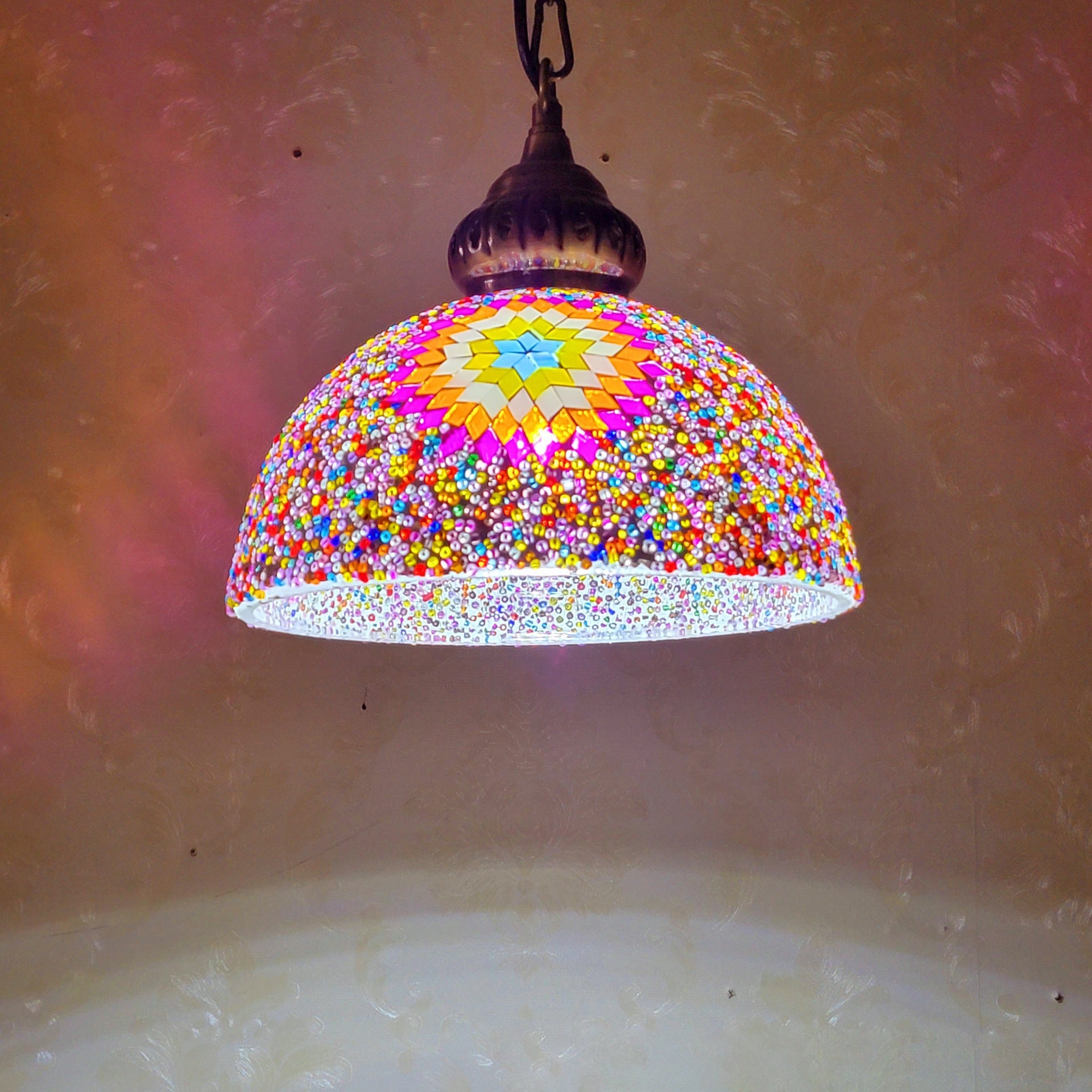 Contemporary Boho Mosaic Bead Iron Dome Pendant Light for Dining Room