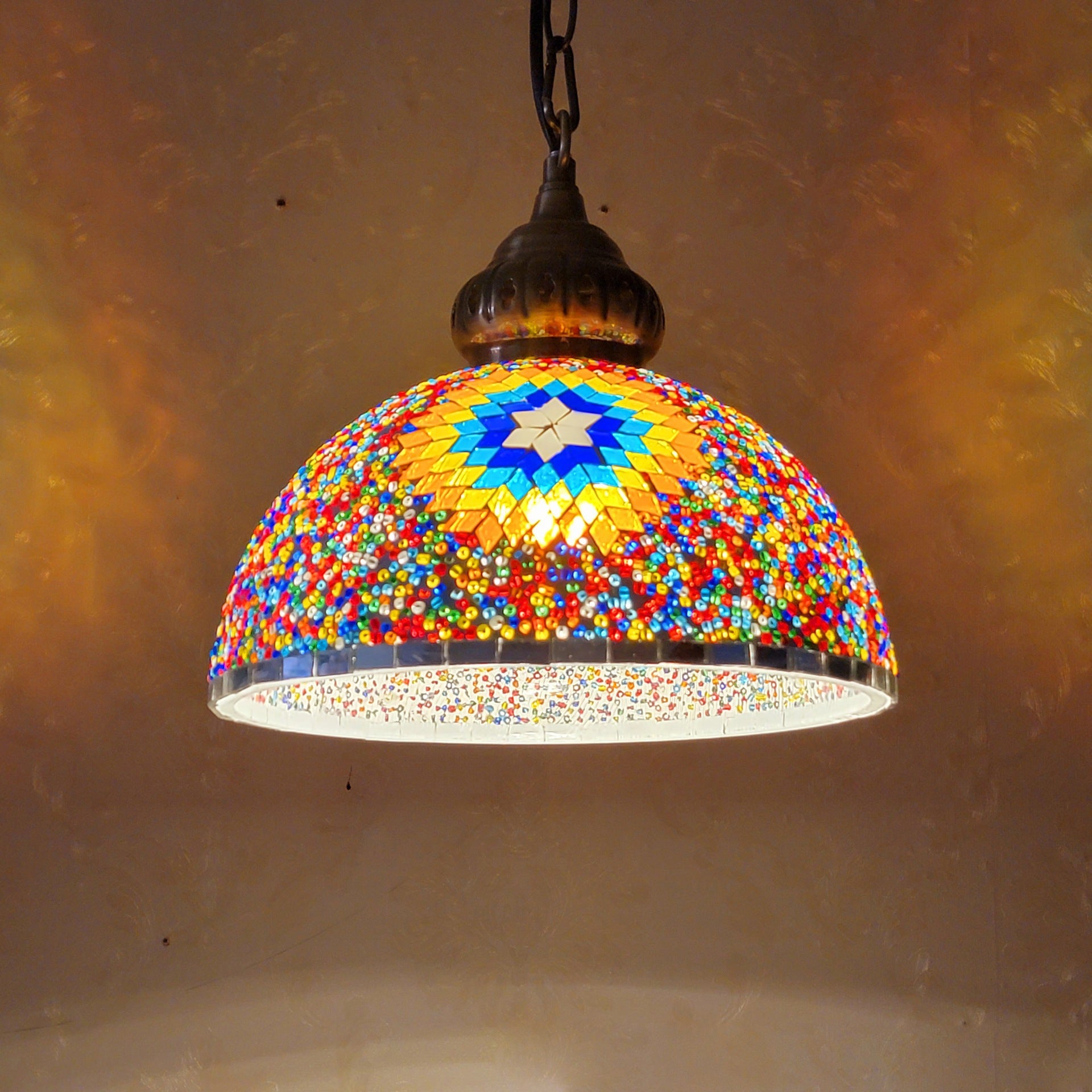 Contemporary Boho Mosaic Bead Iron Dome Pendant Light for Dining Room