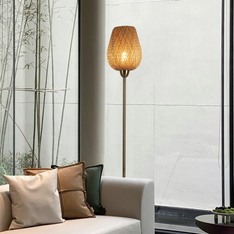 Contemporary Boho Bamboo Metal Lantern Floor Lamp - 1-Light Living Room Accent