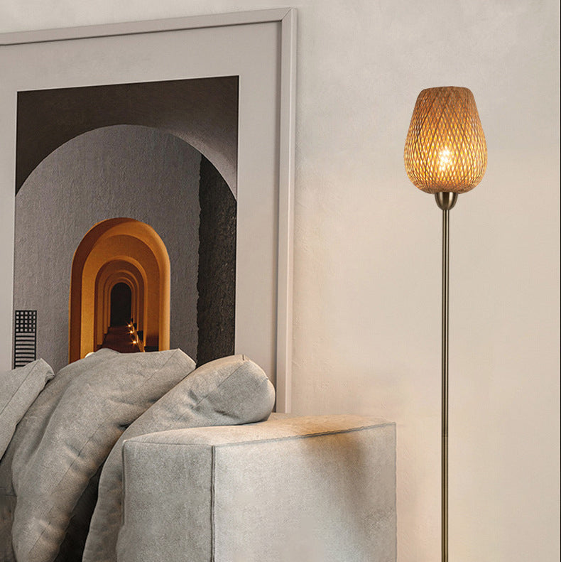Contemporary Boho Bamboo Metal Lantern Floor Lamp - 1-Light Living Room Accent