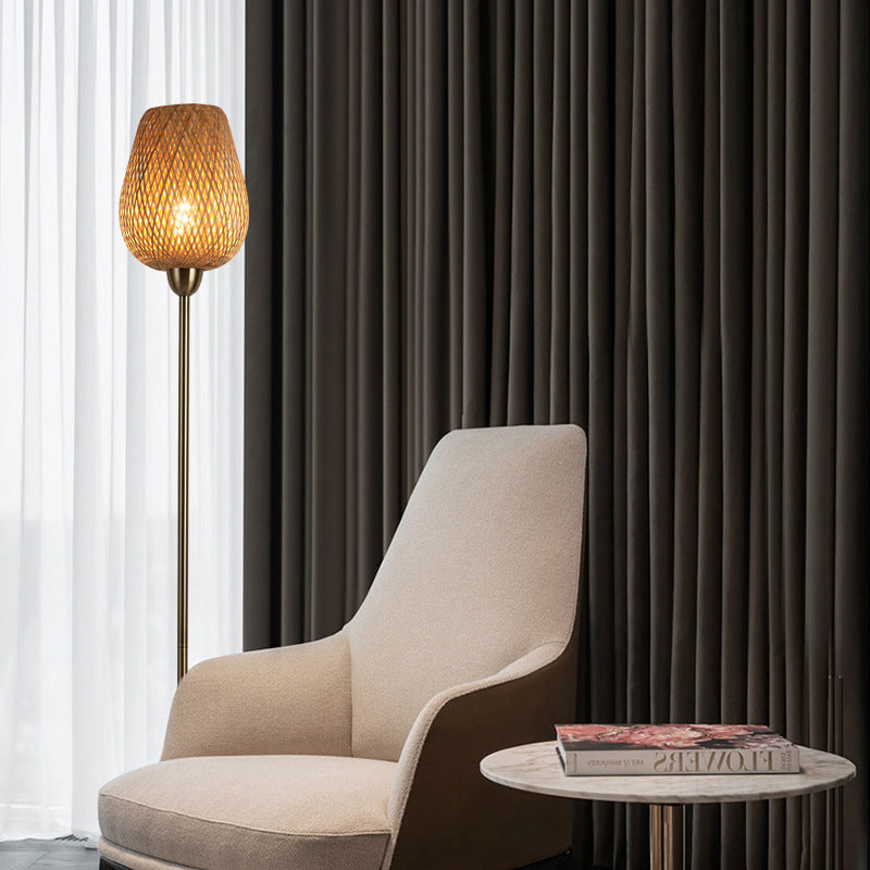 Contemporary Boho Bamboo Metal Lantern Floor Lamp - 1-Light Living Room Accent