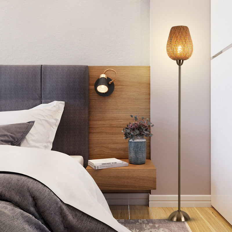 Contemporary Boho Bamboo Metal Lantern Floor Lamp - 1-Light Living Room Accent