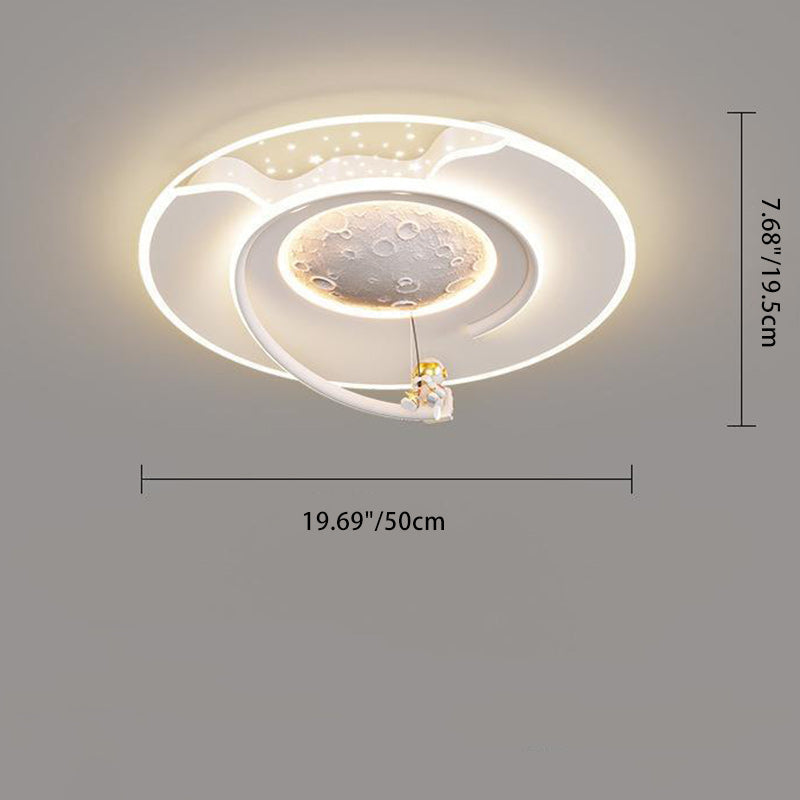 Contemporary Kids Round Moon Astronaut Iron Acrylic Resin LED Flush Mount Ceiling Light for Bedroom, Space-Themed Lighting, Modern Children’s Room Decor, Unique Night Sky Fixture, Astronaut Design Ceiling Lamp, Decorative Space Lighting for Kids, Fun Bedr