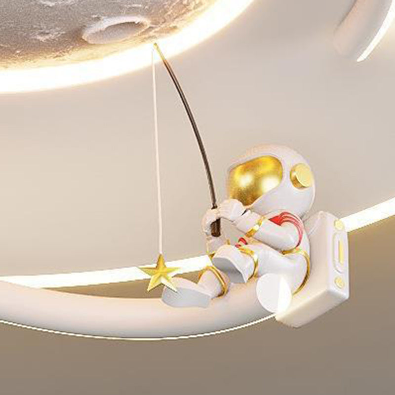 Contemporary Kids Round Moon Astronaut Iron Acrylic Resin LED Flush Mount Ceiling Light for Bedroom, Space-Themed Lighting, Modern Children’s Room Decor, Unique Night Sky Fixture, Astronaut Design Ceiling Lamp, Decorative Space Lighting for Kids, Fun Bedr