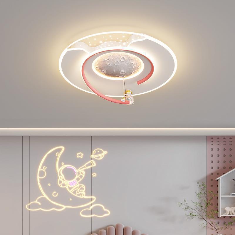 Contemporary Kids Round Moon Astronaut Iron Acrylic Resin LED Flush Mount Ceiling Light for Bedroom, Space-Themed Lighting, Modern Children’s Room Decor, Unique Night Sky Fixture, Astronaut Design Ceiling Lamp, Decorative Space Lighting for Kids, Fun Bedr