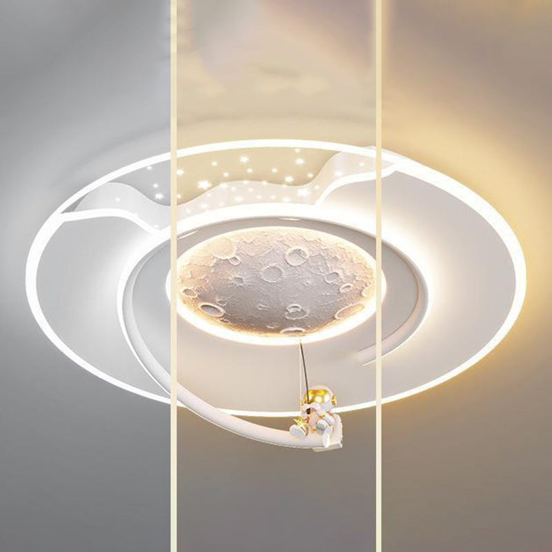 Contemporary Kids Round Moon Astronaut Iron Acrylic Resin LED Flush Mount Ceiling Light for Bedroom, Space-Themed Lighting, Modern Children’s Room Decor, Unique Night Sky Fixture, Astronaut Design Ceiling Lamp, Decorative Space Lighting for Kids, Fun Bedr