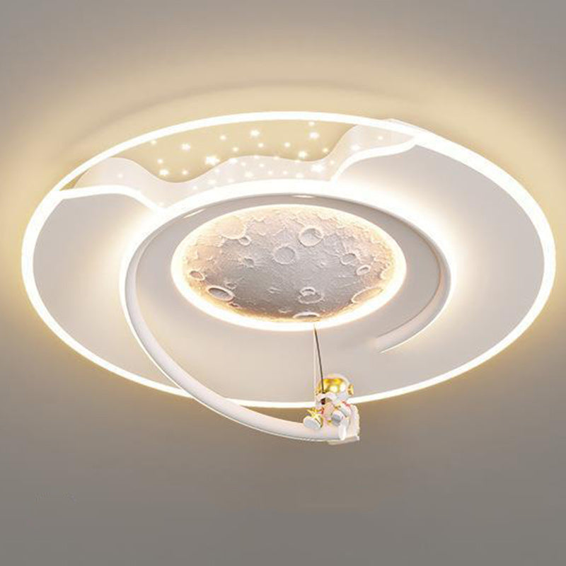 Contemporary Kids Round Moon Astronaut Iron Acrylic Resin LED Flush Mount Ceiling Light for Bedroom, Space-Themed Lighting, Modern Children’s Room Decor, Unique Night Sky Fixture, Astronaut Design Ceiling Lamp, Decorative Space Lighting for Kids, Fun Bedr