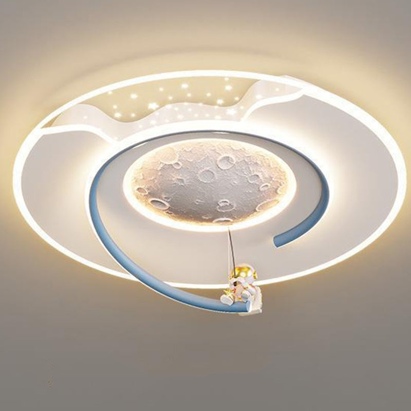 Contemporary Kids Round Moon Astronaut Iron Acrylic Resin LED Flush Mount Ceiling Light for Bedroom, Space-Themed Lighting, Modern Children’s Room Decor, Unique Night Sky Fixture, Astronaut Design Ceiling Lamp, Decorative Space Lighting for Kids, Fun Bedr