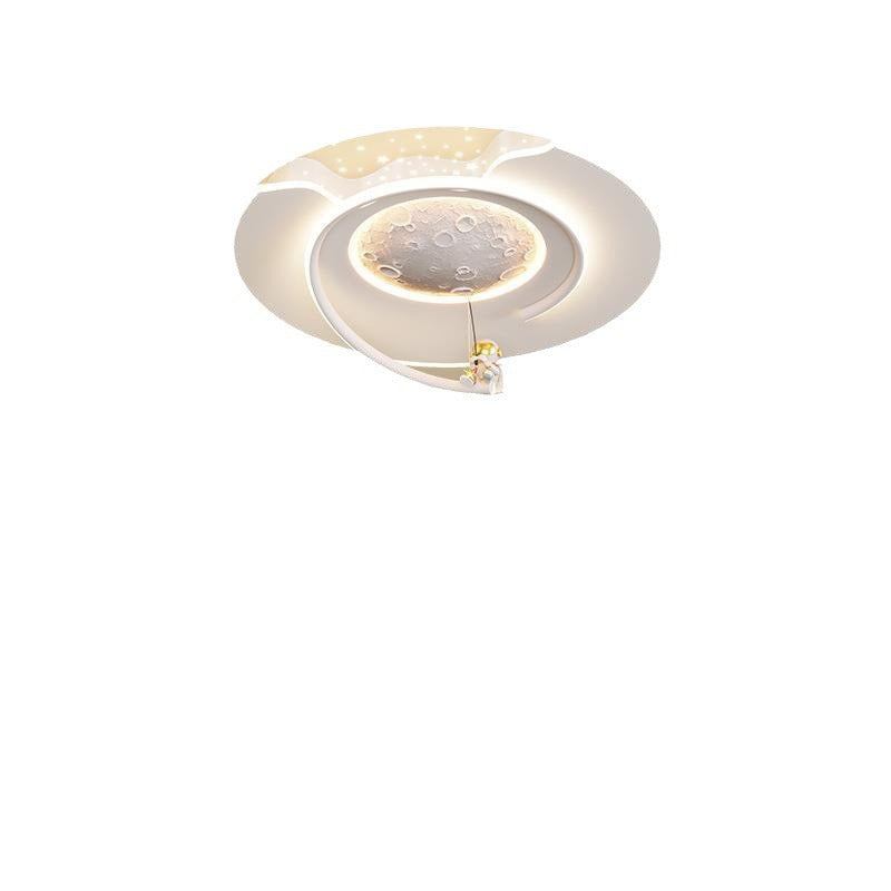 Contemporary Kids Round Moon Astronaut Iron Acrylic Resin LED Flush Mount Ceiling Light for Bedroom, Space-Themed Lighting, Modern Children’s Room Decor, Unique Night Sky Fixture, Astronaut Design Ceiling Lamp, Decorative Space Lighting for Kids, Fun Bedr