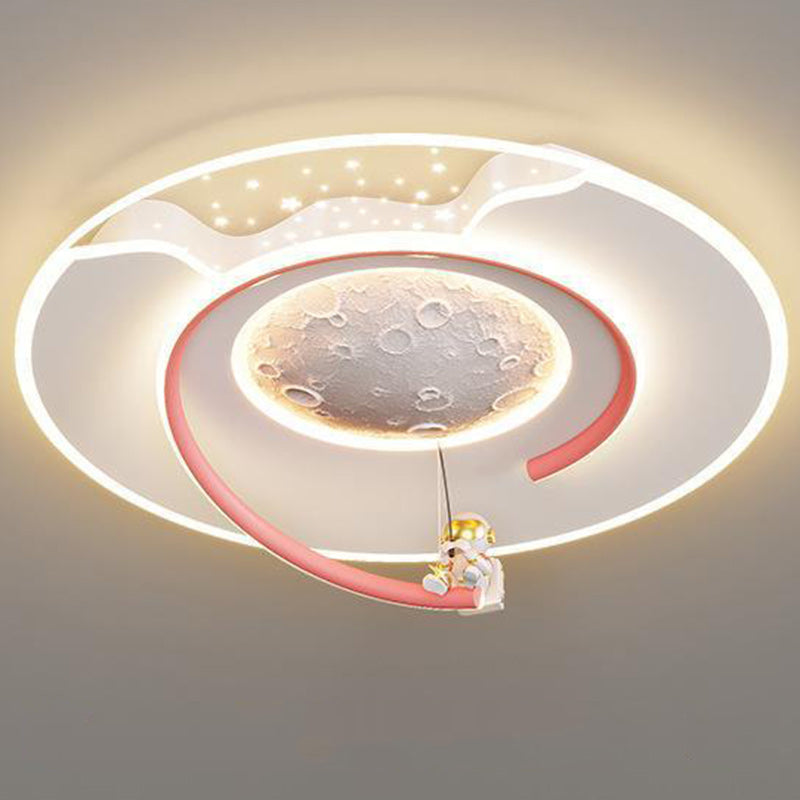 Contemporary Kids Round Moon Astronaut Iron Acrylic Resin LED Flush Mount Ceiling Light for Bedroom, Space-Themed Lighting, Modern Children’s Room Decor, Unique Night Sky Fixture, Astronaut Design Ceiling Lamp, Decorative Space Lighting for Kids, Fun Bedr