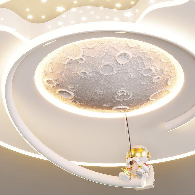 Contemporary Kids Round Moon Astronaut Iron Acrylic Resin LED Flush Mount Ceiling Light for Bedroom, Space-Themed Lighting, Modern Children’s Room Decor, Unique Night Sky Fixture, Astronaut Design Ceiling Lamp, Decorative Space Lighting for Kids, Fun Bedr
