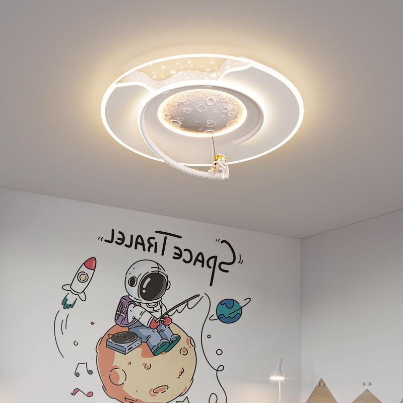 Contemporary Kids Round Moon Astronaut Iron Acrylic Resin LED Flush Mount Ceiling Light for Bedroom, Space-Themed Lighting, Modern Children’s Room Decor, Unique Night Sky Fixture, Astronaut Design Ceiling Lamp, Decorative Space Lighting for Kids, Fun Bedr