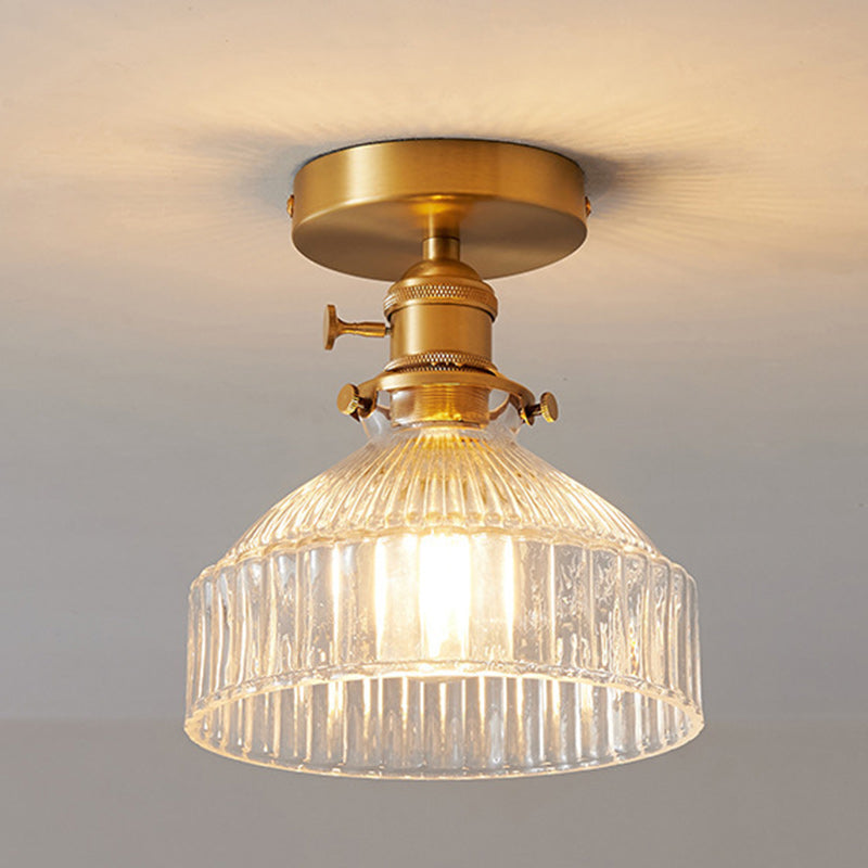 Traditional Japanese Brass Glass Bowl Cylinder Ripple 1-Light Semi-Flush Mount Ceiling Light for Hallway
