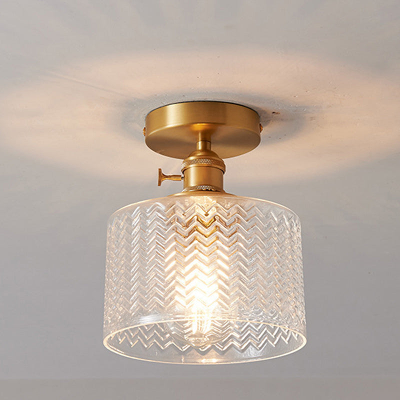 Traditional Japanese Brass Glass Bowl Cylinder Ripple 1-Light Semi-Flush Mount Ceiling Light for Hallway