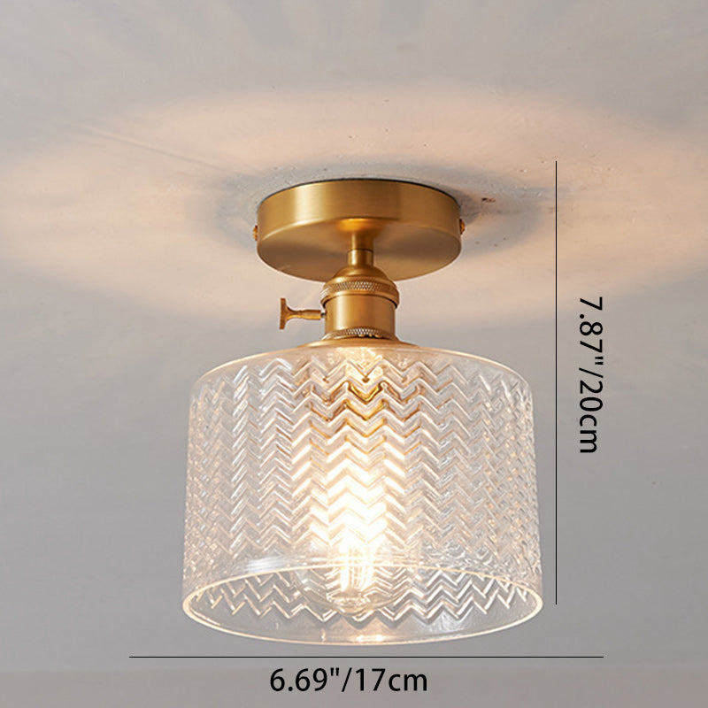 Traditional Japanese Brass Glass Bowl Cylinder Ripple 1-Light Semi-Flush Mount Ceiling Light for Hallway