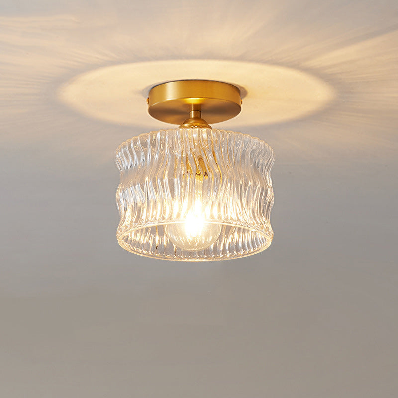 Traditional Japanese Brass Glass Bowl Cylinder Ripple 1-Light Semi-Flush Mount Ceiling Light for Hallway
