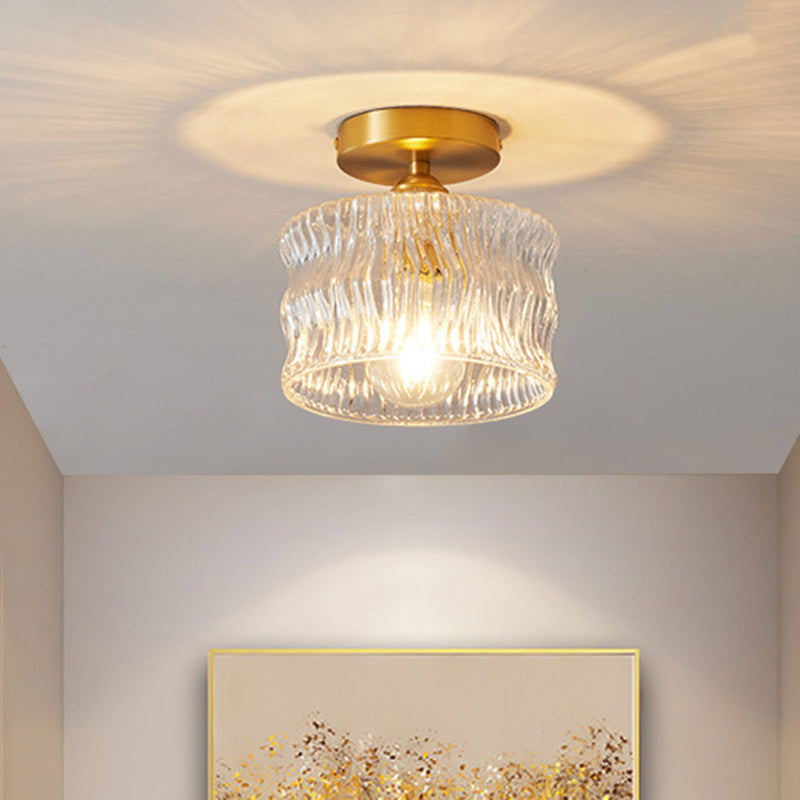 Traditional Japanese Brass Glass Bowl Cylinder Ripple 1-Light Semi-Flush Mount Ceiling Light for Hallway