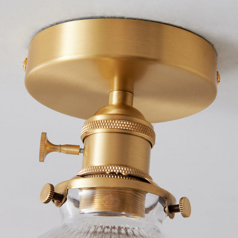 Traditional Japanese Brass Glass Bowl Cylinder Ripple 1-Light Semi-Flush Mount Ceiling Light for Hallway