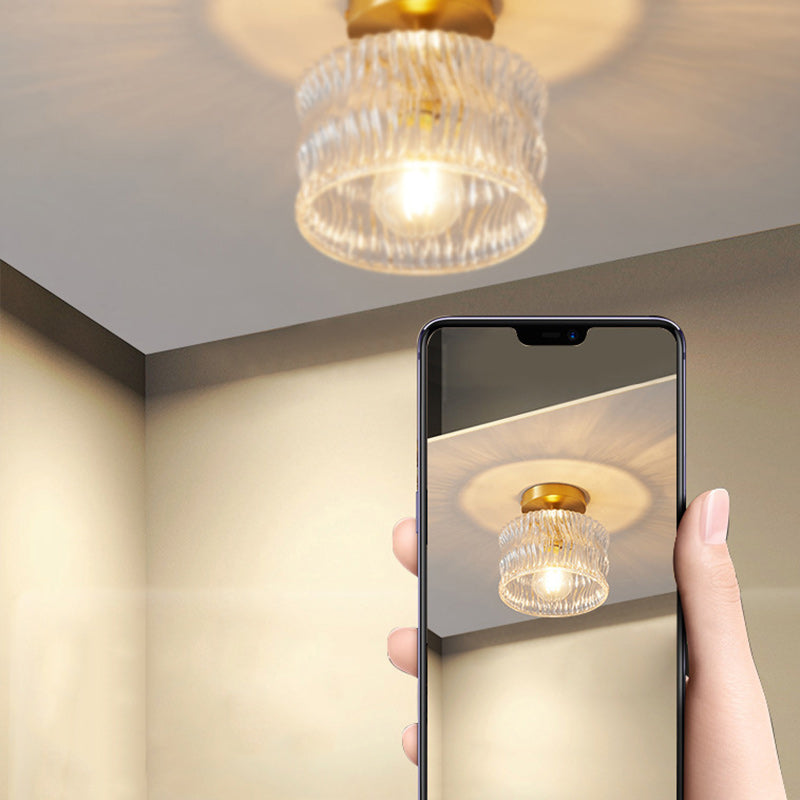 Traditional Japanese Brass Glass Bowl Cylinder Ripple 1-Light Semi-Flush Mount Ceiling Light for Hallway