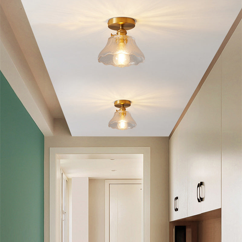 Traditional Japanese Brass Glass Bowl Cylinder Ripple 1-Light Semi-Flush Mount Ceiling Light for Hallway