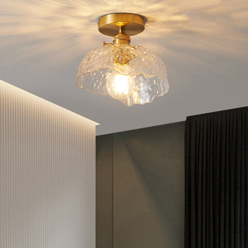 Traditional Japanese Brass Glass Bowl Cylinder Ripple 1-Light Semi-Flush Mount Ceiling Light for Hallway