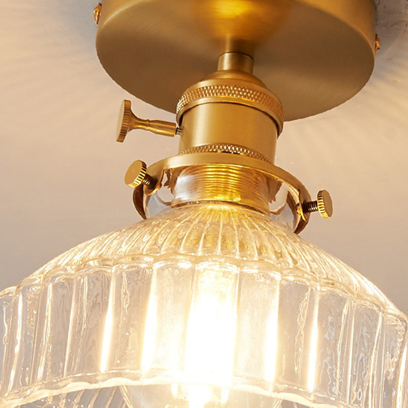 Traditional Japanese Brass Glass Bowl Cylinder Ripple 1-Light Semi-Flush Mount Ceiling Light for Hallway