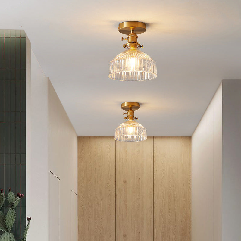 Traditional Japanese Brass Glass Bowl Cylinder Ripple 1-Light Semi-Flush Mount Ceiling Light for Hallway
