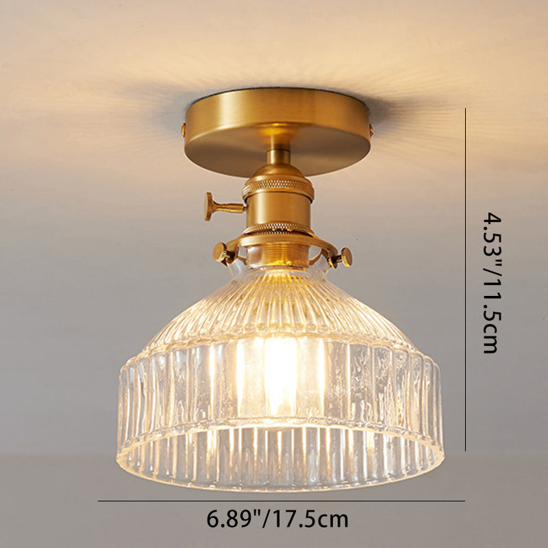 Traditional Japanese Brass Glass Bowl Cylinder Ripple 1-Light Semi-Flush Mount Ceiling Light for Hallway
