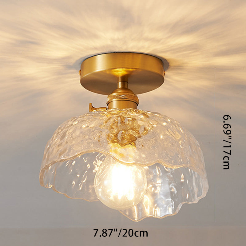 Traditional Japanese Brass Glass Bowl Cylinder Ripple 1-Light Semi-Flush Mount Ceiling Light for Hallway