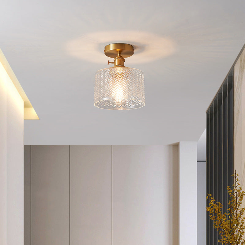 Traditional Japanese Brass Glass Bowl Cylinder Ripple 1-Light Semi-Flush Mount Ceiling Light for Hallway