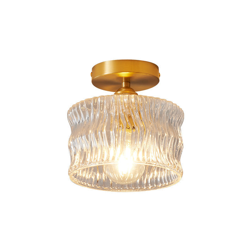Traditional Japanese Brass Glass Bowl Cylinder Ripple 1-Light Semi-Flush Mount Ceiling Light for Hallway