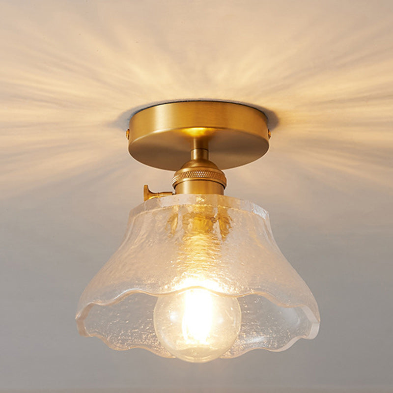 Traditional Japanese Brass Glass Bowl Cylinder Ripple 1-Light Semi-Flush Mount Ceiling Light for Hallway