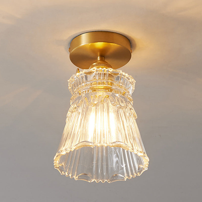 Traditional Japanese Brass Glass Bowl Cylinder Ripple 1-Light Semi-Flush Mount Ceiling Light for Hallway