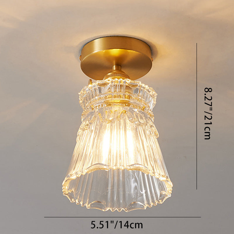 Traditional Japanese Brass Glass Bowl Cylinder Ripple 1-Light Semi-Flush Mount Ceiling Light for Hallway