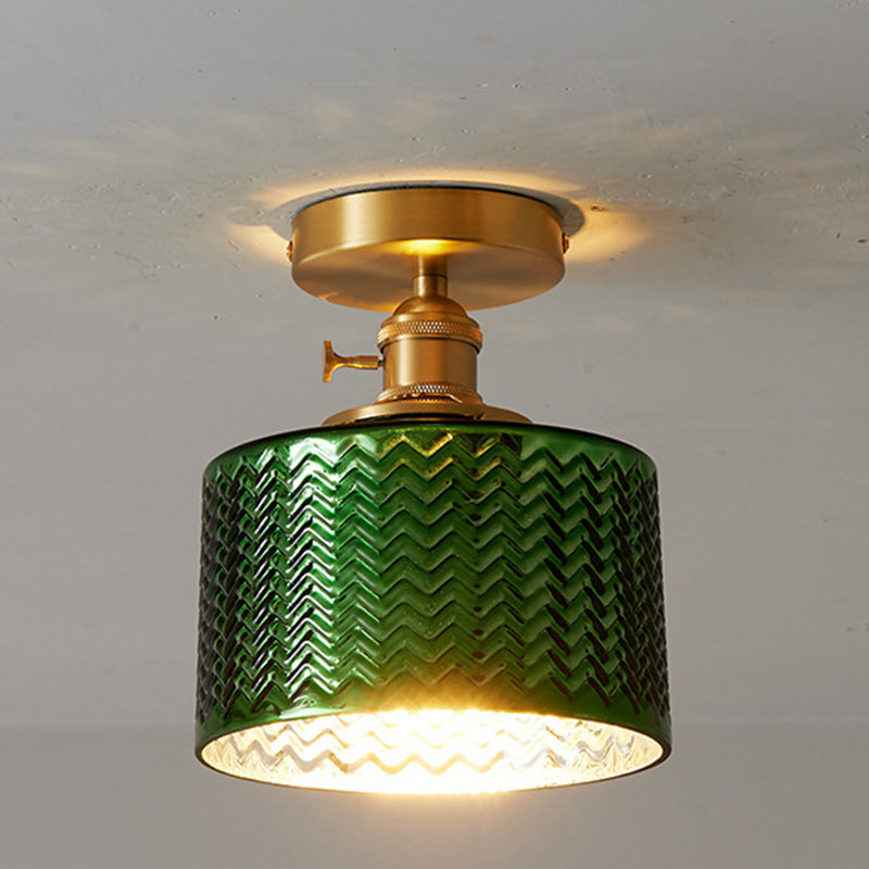 Traditional Japanese Brass Glass Bowl Cylinder Ripple 1-Light Semi-Flush Mount Ceiling Light for Hallway